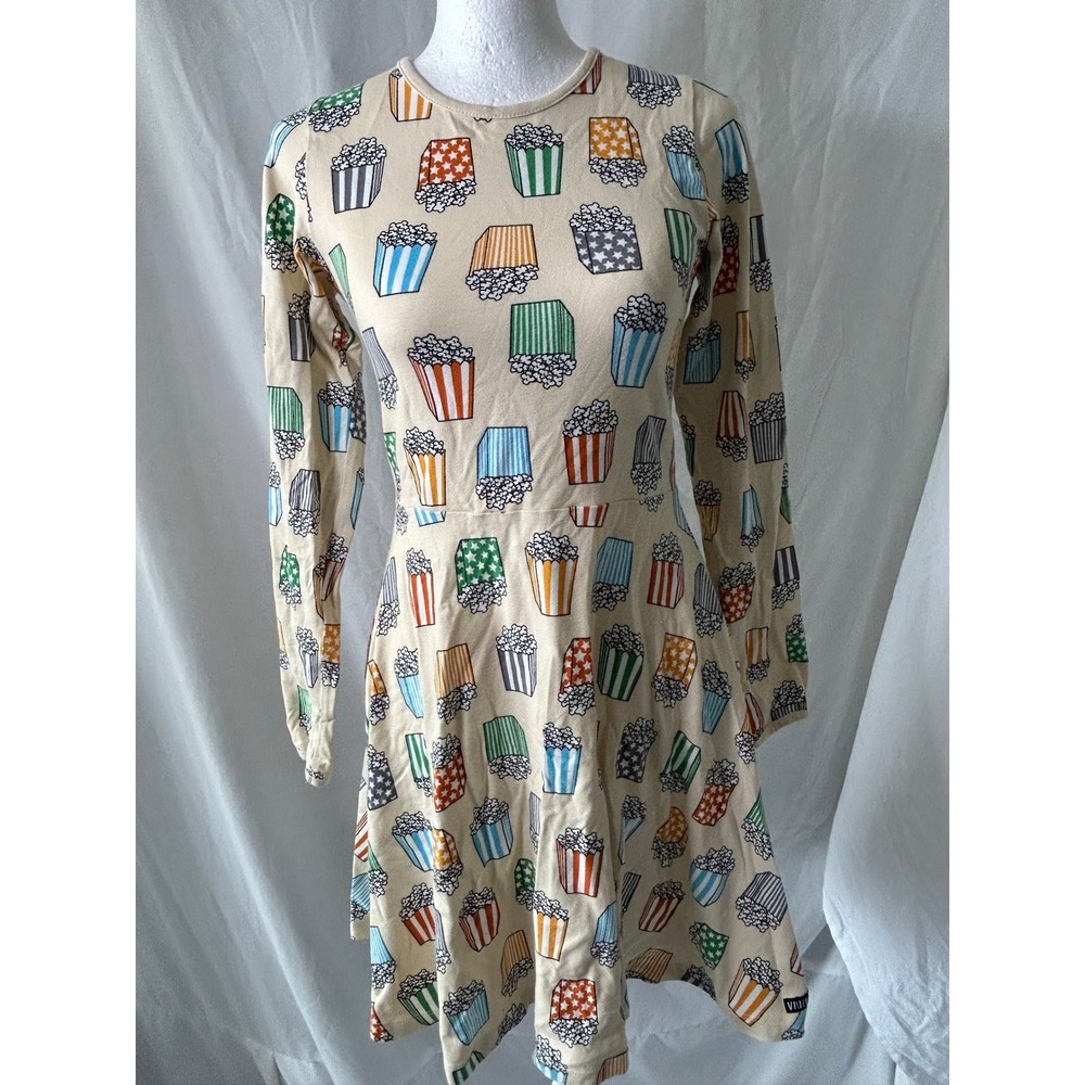 Villervalla Popcorn Print Organic Cotton Long Sleeve Dress Cream Multi Size 152